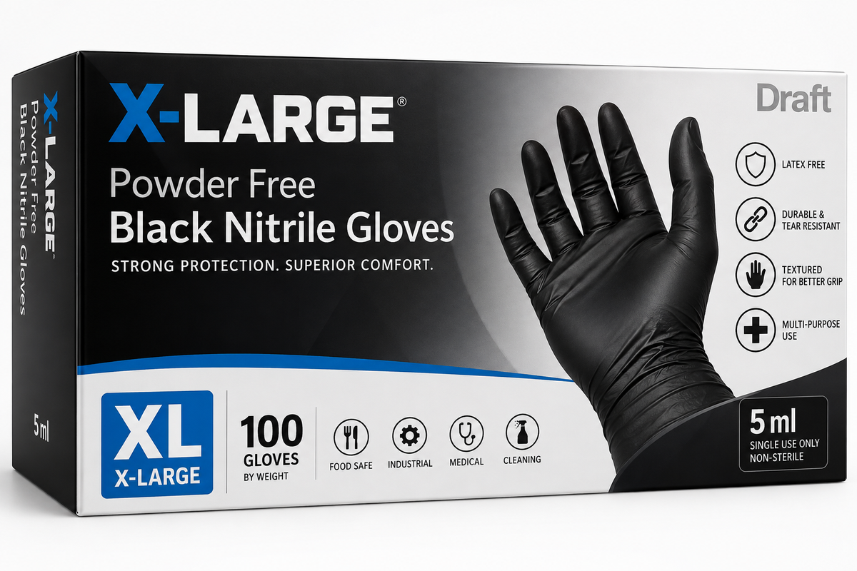 X-LARGE Powder Free Black Nitrile Gloves 5ml